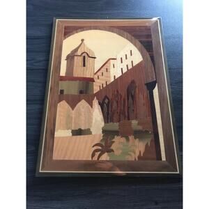 Vintage (1960s) wood inlay picture of Sorrento, Italy with hook for hanging.